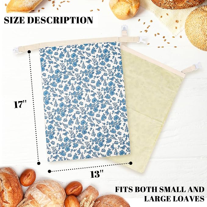 1 PCS Beeswax Bread Bags - 17x13 Inch Reusable Bread Storage Bags,Bees Wax Lined Bread Bags for Home Cooks fresh bread storage Easy Clean (Blue Floral)