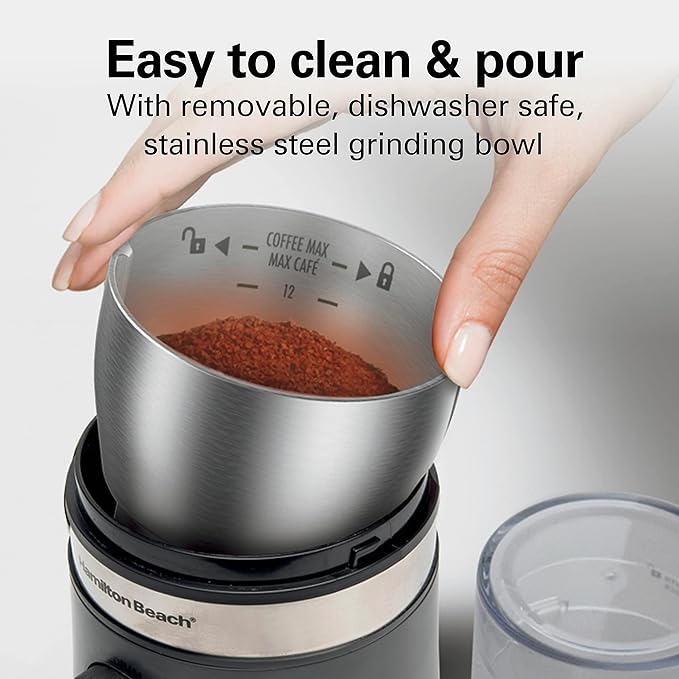 Hamilton Beach Electric Coffee Grinder for Beans, Spices and More, with Multiple Grind Settings for up to 14 Cups, Removable Stainless Steel Chamber, Grey (80396C), 10 oz