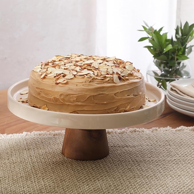 Gibson Elite 10.7-Inch Stoneware Cake Stand with Acacia Wood Base – Taupe Round Dessert Display Stand for Cakes, Cupcakes & Party Entertaining