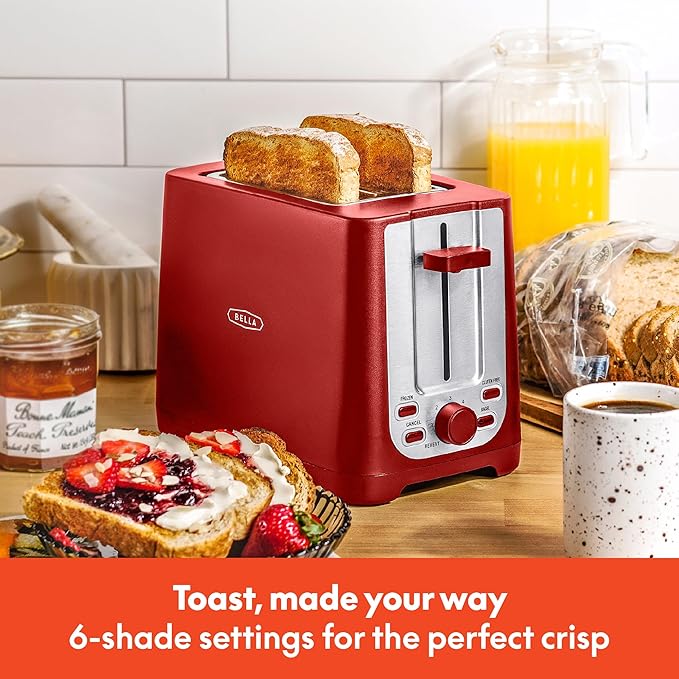 BELLA 2 Slice Toaster with Auto Shut Off - Extra Wide Slots & Removable Crumb Tray and Cancel, Defrost & Reheat Function - Toast Bread, Bagel & Waffle, Red