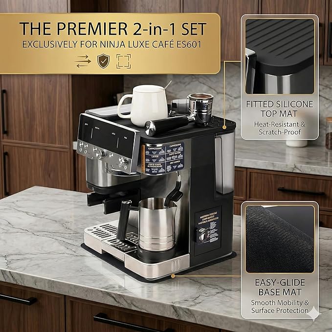 Sliding Mat & Top Mat Combo Set for Ninja Luxe Café ES601ES701 Espresso Machine, 2 in 1 Anti Slip Rubber Base & Food Grade Silicone Top, Protects Countertops from Scratches, Heat, and Spills
