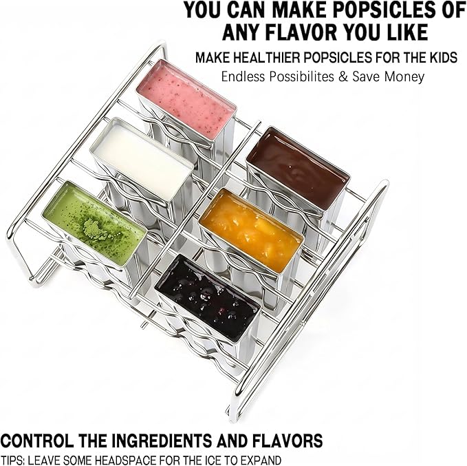 Popsicle Molds Set 6 Pieces Stainless Steel Ice Popsicle Maker, Homemade Popsicle Molds with 50 Sticks, 20 Bags, 14 Silicone Seals, 1 Cleaning Brush & 1 Stand, DIY Ice Pop Mold Maker for Kids (Square)