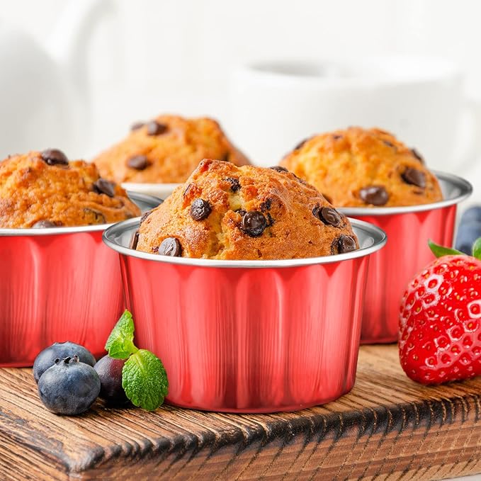 Tessco for you 100 Pcs Disposable Ramekins with Lids 8 oz Creme Brulee Ramekin Aluminum Foil Cup Cupcake Liner Baking Valentines Disposable Muffin Tin Pan Cheesecake Container (Red,Silver)
