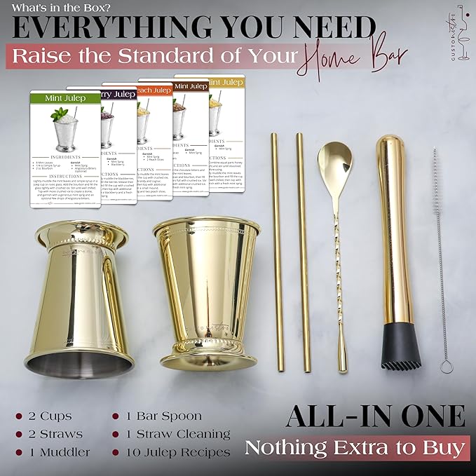 Gusto Nostro Mint Julep Cups Set of 2 - Stainless Steel Julep Cup Kit with Straws, Muddler, Spoon, Recipes, Vases - Southern-style Cocktail Glasses for Home Bar - Stainless Steel Cocktail Cups (Gold)