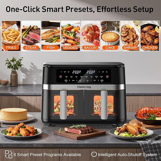 12QT Large Double Basket Air Fryer with 50PCS Paper Liners and Viewing Window, 12-in-1 Digital Touchscreen Dual Zone Air Fryers for Easy Meal, SyncCook to Roast,Reheat,Broil, Dishwasher Safe