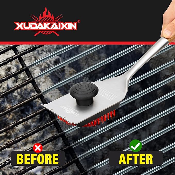 Nylon Grill Brush,Dual Grip Design,with Extended Luxurious Acaciawood Handle,Safe Nylon Bristles Barbecue Triple Scrubbers Cleaning Brush for Cast Iron Grates/Porcelain/Charcoal Grill