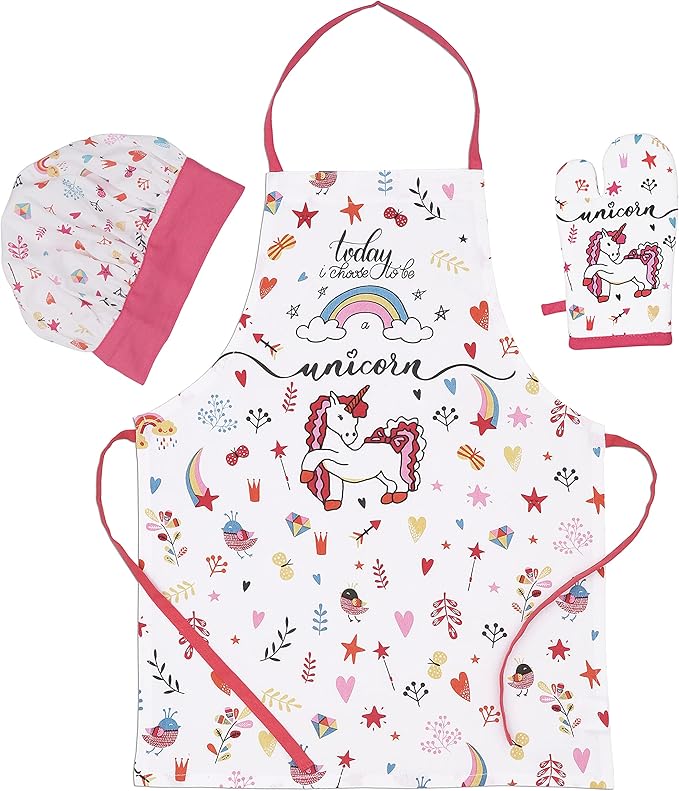 AMOUR INFINI Apron and Hat Set, 3 Pcs- Adjustable Kitchen Apron Oven Mitts Set