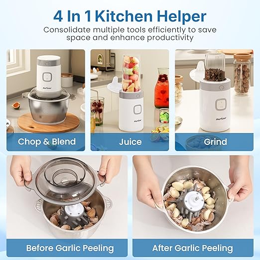 Electric Blender and Food Processor Combo: 4 in 1 Food Grinder for Grinding Meat Coffee, Peeling Garlic & Juicing, 350W Food Chooper with 1.8L Stainless Steel Bowl & 2 Cups, 2 Speed, White