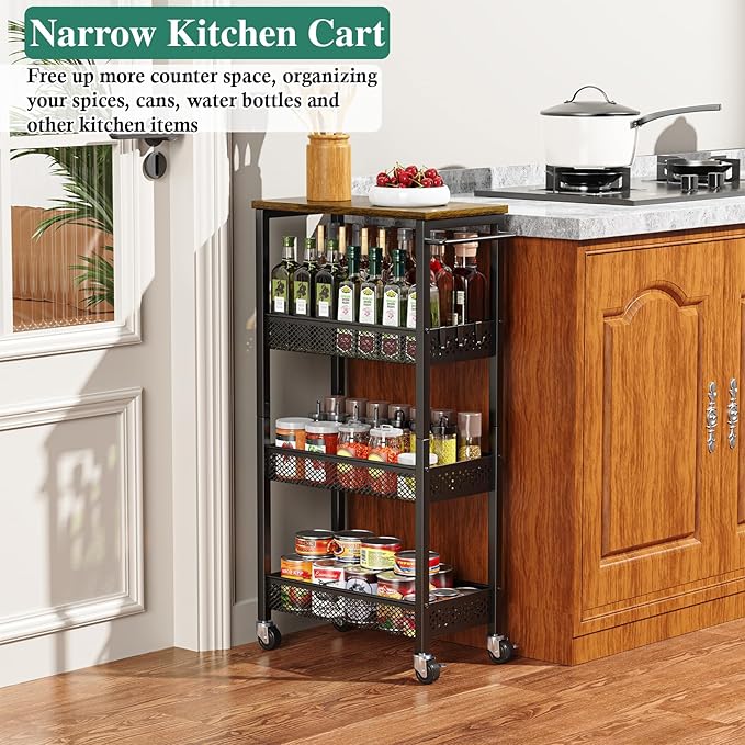 OKZEST Utility Slim Storage Cart, 4-Tier Narrow Bathroom Organizer and Storage Cart, Metal Narrow Kitchen Laundry Room Organization Rack with Wood Top, Slim Rolling Shelf with Wheels for Small Space