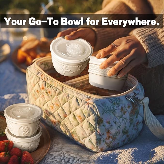 Artena Ramekins with Lids, Creme Brulee Ramekins Oven Safe, Ceramic Pudding Cups, Souffle Cups, Custard Cups, Dipping Sauce Cups, Food Storage Containers with Lids, Set of 4 (Damask Floral, 4 oz)