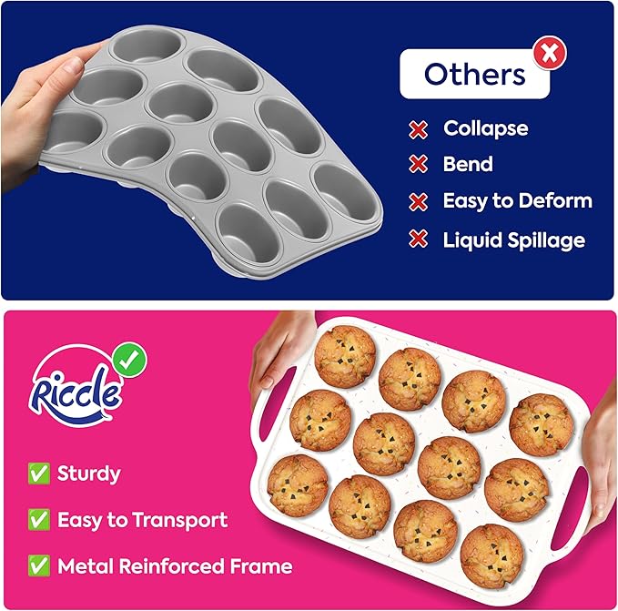 RICCLE Silicone Muffin Pans for Baking with Metal Reinforced Frame, 12-Cup Cupcake Pan, 2 Pcs Muffin Trays for Cupcake Baking, Tray Molds, Oven & Dishwasher Safe, BPA-Free (2 x Regular)