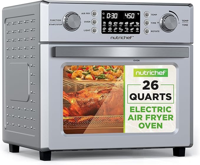 NutriChef 26L Electric Air Fryer Oven | 1700W Countertop Rotisserie & Air Fryer | 360° Rotating Feature | 10 Menu Presets | Includes Drip Tray, Air Frying Basket & Bake Rack 15x16x14 | Stainless Steel