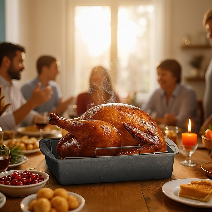BAKKEN Nonstick Turkey Roasting Pan with Rack – Large Heavy-Duty Carbon Steel Roaster with Wide Handles, Ideal for Roasting, Baking & Grilling, Oven Safe up to 450°F, Gray Marble Finish 17 x 13-Inch