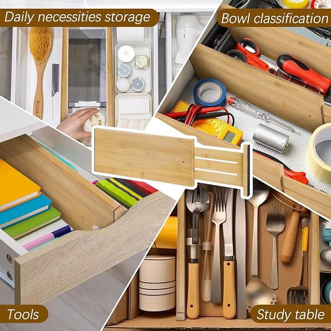 DoubleFill 8 Pcs Deep Bamboo Drawer Dividers, Deep Kitchen Dresser Drawer Organizer with Spring Loaded for Clothes, Adjustable Expandable from 15-22 Inch (Wood Color,6 Inch)
