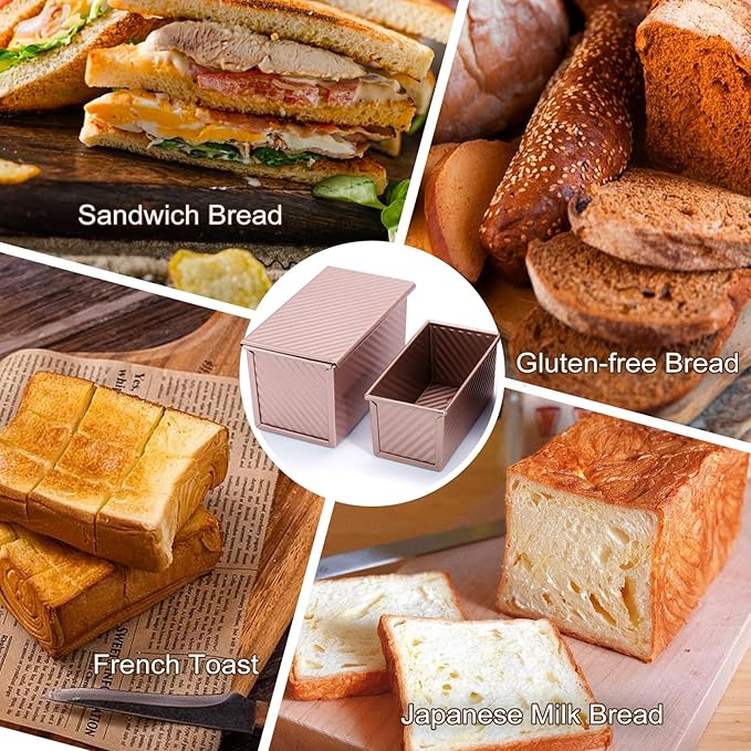 Pavsrmy 2 Pack Pullman Loaf Pan with Lid, 1 lb/0.5 lb Dough Capacity, Premium Non-Stick Sandwich Bread Loaf Pan with Lid, Carbon Steel Corrugated Bread Toast Box Mold with Cover for Baking