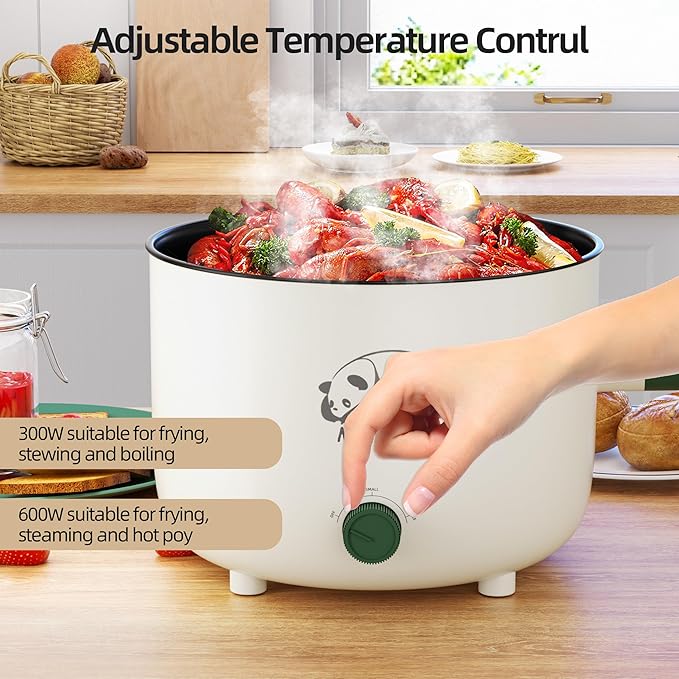 Electric Hot Pot with Steamer, Portable Nonstick Frying Pan with Dual Power Control, Electric Shabu Shabu Cooker for Noodle, Oatmeal, Pasta, Ramen, 1.5L (Green D)