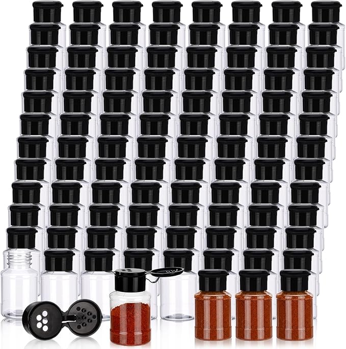 Amyhill 100 Pcs Plastic Spice Bottles Spice Jars with Black Cap Seasoning Jars Shaker 2 Oz/ 60ml Clear Bottle Containers with Shaker Lids for Storing for Spices, Herbs, Powders, Glitters Supplies