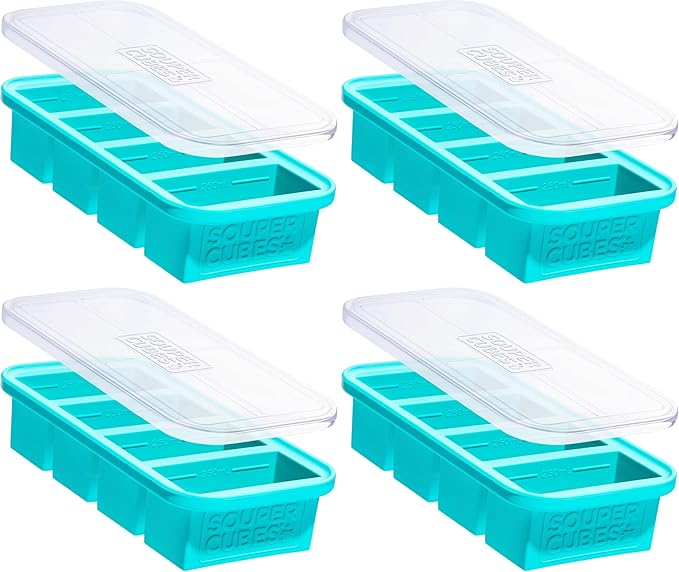 Souper Cubes 1 Cup Silicone Freezer Molds - Soup Cubes Perfect for Freezing Broth, Rice, Leftovers and More - Silicone Freezer Trays with Lids for Meal Prep - Aqua - 4-Pack