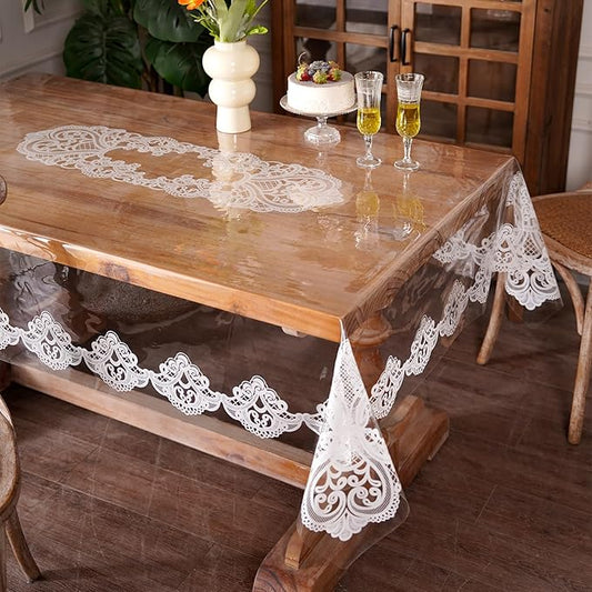 Clear Table Cover Protector Vinyl Table Cloth Rectangle Oil Spill Proof Vintage Rustic Plastic Table Covers for Dining Tables (White Lace, 60 x 104 Inches)
