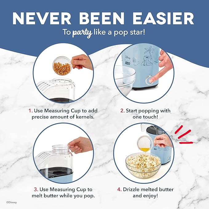 Disney Dash Fresh Pop Popcorn Maker - Oil-Free, Air Popcorn Popper - With Measuring Cup & Recipe Guide - Perfect for Movie Nights - 16 Cups, Stitch