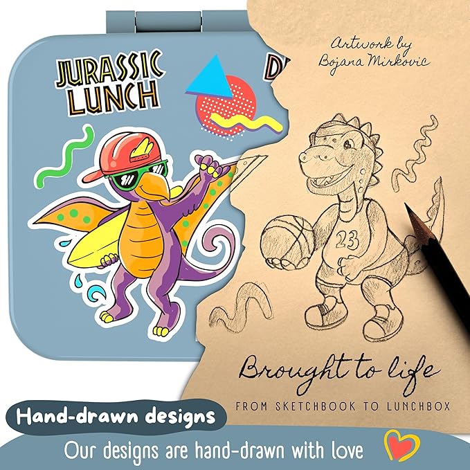 BEARFOOT Kids Lunch Box with Compartments – Compact & Lightweight | Leak-Proof, BPA-Free, Dishwasher & Microwave Safe | Hand-Drawn Design for Preschool, School, Travel (Dinos Blue, 2.75 Cups)