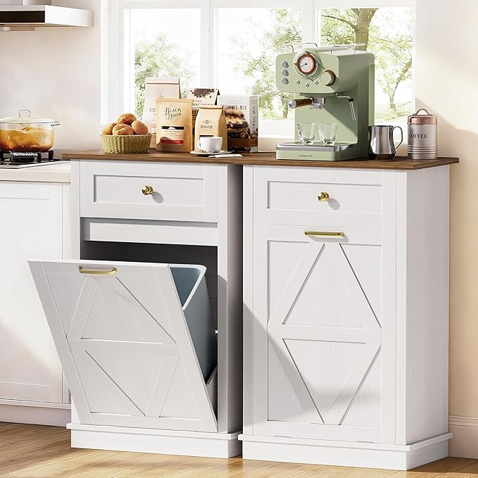 JUMMICO Tilt-Out Trash Can Cabinet, 10 Gallon Laundry Hamper Cabinets with Drawers, for Kitchen, Dining Room and Living Room (White, 2 Piece)