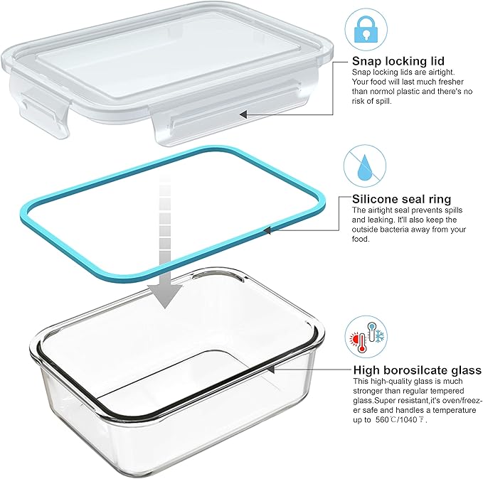 AILTEC Glass Food Storage Containers with Lids, [18 Piece] Glass Meal Prep Containers, Containers for Food Storage with Lids, BPA Free & Leak Proof (9 Lid & 9 Container)
