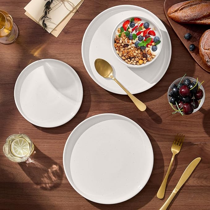 E-far 24-Piece Stoneware Dinnerware Sets, Plates and Bowls Sets for 8, Ceramic Dishware Dishes Set with Terracotta Base, Chip & Scratch Resistant, Microwave & Dishwasher Safe, Speckled White