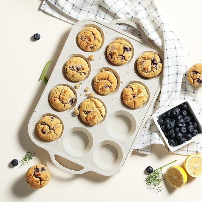 2 Packs 12 Cups Silicone Muffin Pan for Baking with Metal Reinforced Frame Regular Size Cupcake Pan Tray Chocolate Egg Pizza Bites Oven Top Cookie Molds Muffin Tin Tart Pans Sheet Set Bakeware Liner