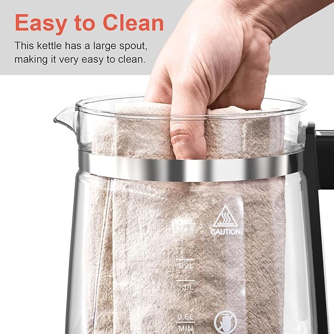 1200w Electric Kettle, 1.5L Borosilicate Glass tea kettle, Hot water kettle electric for Coffee or Tea, BPA Free, Auto Shut-Off, Stainless Steel, Fast Boil, Black
