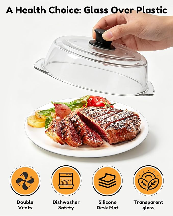 Tall Glass Microwave Splatter Cover for Food & Microwave Place Mat,2 in 1,Sturdy clear 100% food safe BPA free glass lid with easy grip silicone handle，Dishwasher safe for easy cleaning