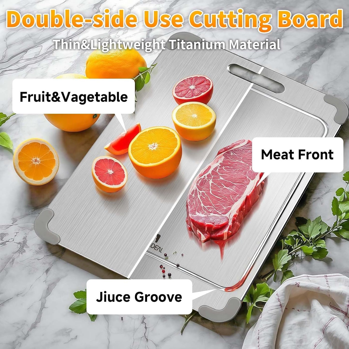 100% Pure Titanium Cutting Board with Grooves, Update Double Side Titanium Chopping Board, Silicone Anti-slip Stainless Cutting Boards for Kitchen 11 * 15 IN, Grey