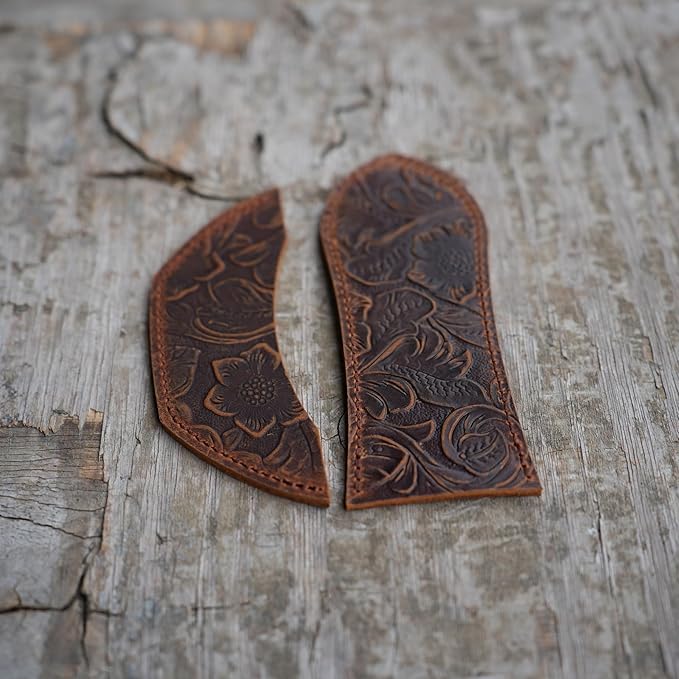 JJNUSA Leather Cast Iron Handle Cover，Skillet Handle Cover, Handmade Full Grain Crazy Horse Leather Handle Protector (2 Pack) Flower Brown