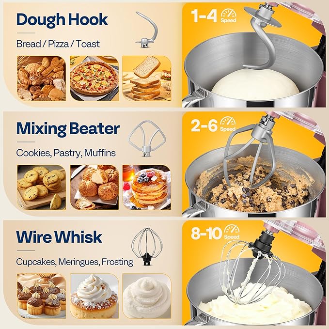 VIVOHOME Stand Mixer, 660W 10 Speed 6 Quart Tilt-Head Kitchen Electric Food Mixer with Beater, Dough Hook, Wire Whip and Egg Separator, Pink