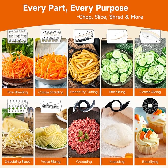 Davivy 7-Cup Food Processor with Built-in Storage Drawer | 600W Motor, 10-Blade Set for French Fries, Wavy Slicing, Dough Kneading | 3-Speed Compact Chopper for Home Kitchen Meal Prep, Black