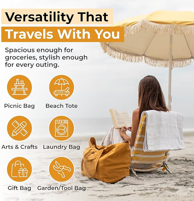 VeraMia Canvas Grocery Bag 3pc XL Set with Real Pockets, Long Shoulder Strap and Short Handle. Heavy Duty, Foldable, Washable