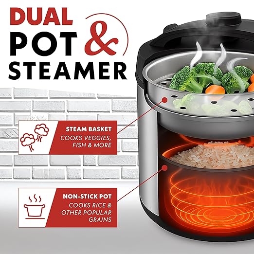 Gourmia Rice Cooker – 3 Qt Capacity, 12 Cup Cooked, 6 Cup Uncooked, Digital Controls, Grain Cooker & Steamer, Built-In Steamer Basket, Nonstick Ceramic Pot, Delay Timer, Keep Warm, Stainless Steel