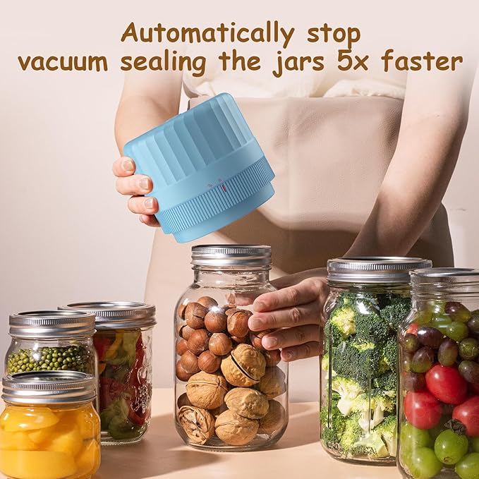 HTPOW Electric Mason Jar Vacuum Sealer - Fully Automatic Mason Jar Vacuum Sealer Kit for All Mason Jars with Regular Lids and Wide Mouth Lids, A Must-Have Tool for Canned Foods/Pantry - Blue