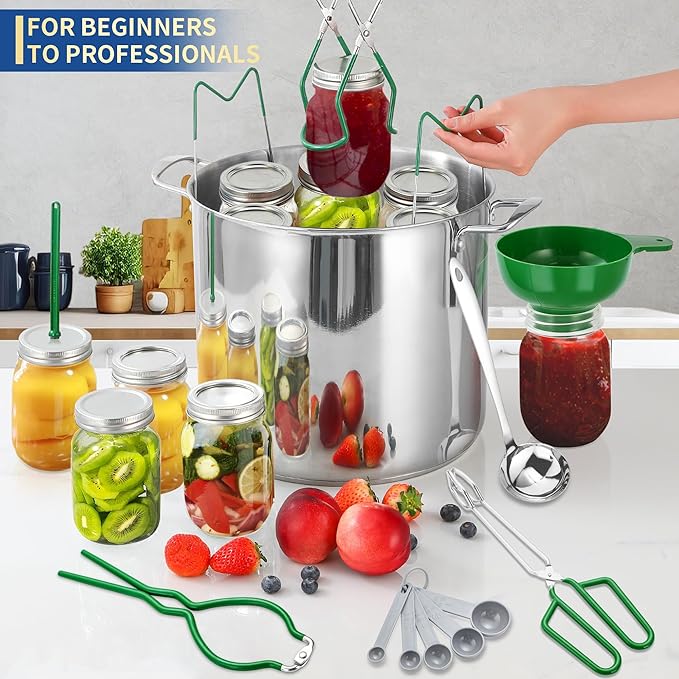 Canning Supplies Starter Kit,Canning Kit for Beginners of 9 with Jar Lifter，Wide Mouth Funnel,Wrench,Tongs,Lid Lifter,Bubble Popper,Canning Labels,ladle,Measuring Spoon-Deep Green