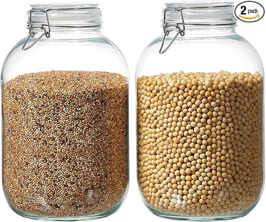 1 Gallon Glass Food Storage Jars with Airtight Lids, Set of 2 – Clear Preserving Seal Wire Clip Fastening Canisters for Kitchen Canning, Flour, Cereal, Pasta, Sugar, Beans, Pickling Jars (1gallon*2)