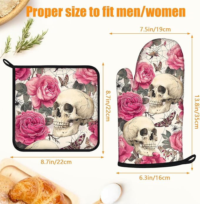 Skull Rose Oven Mitts and Pot Holders Sets 4Pcs Silicone Non-Slip Mitts Heat Resistant Gloves Hot Pads for Kitchen Cooking Baking Grilling BBQ