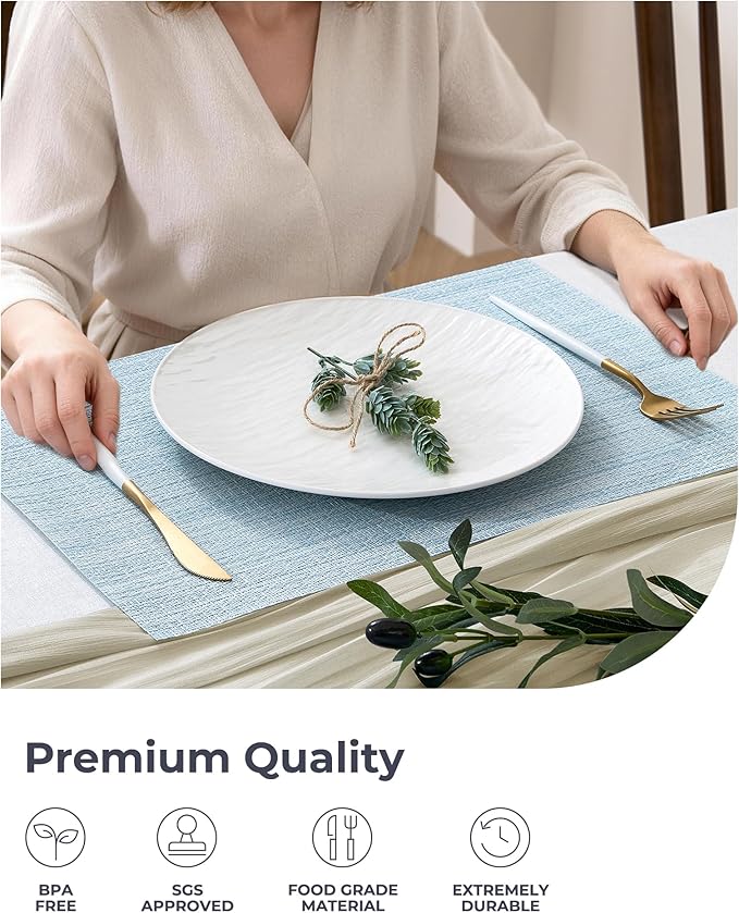 Leetaltree Soft Sky Blue Woven Placemats Set of 12 - Heat Resistant Non-Slip Place mats for Dining Table, Washable Durable PVC Vinyl Woven Table Mats(Sky Blue, 12)