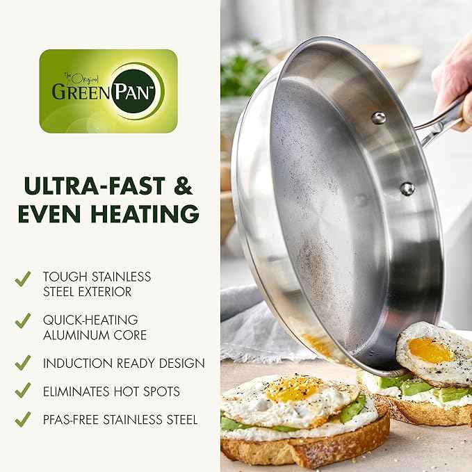GreenPan Stainless Steel Cookware Set, 11 Piece, Induction Cookware, Dishwasher Safe, Oven Safe to 600F, Large 8QT Stock Pot, Sauce, Saute, Frying Pans, Pots & Pans Kitchen Essentials, Silver