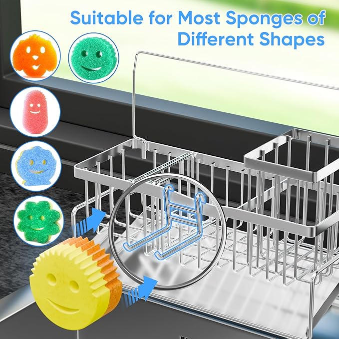 Sponge Holder for Kitchen Sink 304 Stainless Steel Self-Draining Sink Caddy with Smiley Face Sponge and Brush Holder Towel Bar and Divider Kitchen Gadgets Organizer for Countertop, Black