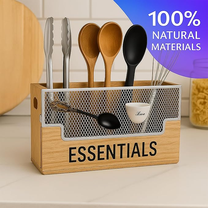 Extra Large Kitchen Utensil Organizer with 4 Compartments, Wooden Utensil Holder for Countertop, Rustic Kitchen Utensil Holder for Silverware & Cooking