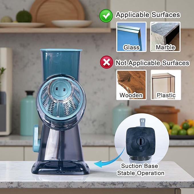 Rotary Cheese Grater Cheese Shredder, Cheese Grater Handheld with Strong Suction Base,Kitchen Vegetable Slicer 3 Replaceable Stainless Drum Blades for Fruit, Food, Nuts,Easy to Use Clean (Blue)