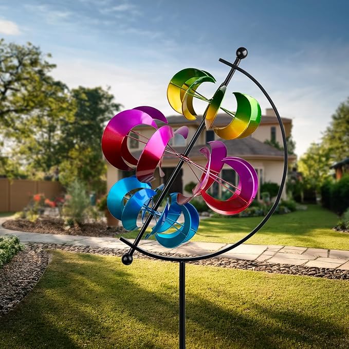 Large Metal Wind Spinner for Garden and Yard – 63 Inch Kinetic Outdoor Sculpture with Dual Direction 360° Spinning Blades – Weather Resistant Moons Yard Art Decor for Patio, Lawn, and Porch