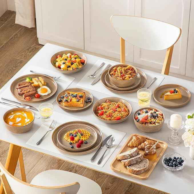 vancasso ANYA 24 Pieces Plates and Bowls Set, Caramel Dinnerware Sets, Reactive Glaze Dishes Set for 6, Ceramic Dishware Sets Kitchen Dinner Set, Microwave & Dishwasher Safe