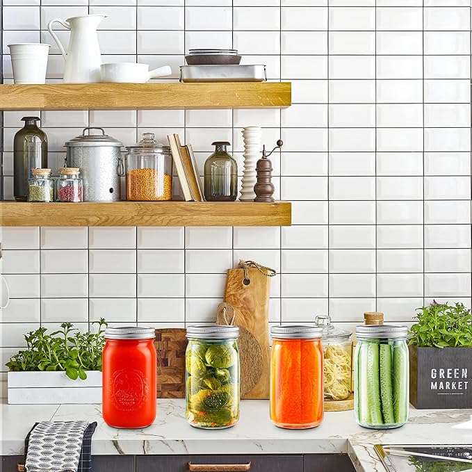 Miuyhji Wide Mouth Mason Jars 32 oz with Lids [9-Pack], Canning Jars with Metal Airtight Lids and Bands, 32 oz Glass Jars for Fermenting, Pickling, Freezing, Preserving, Meal Prep, Jar Décor