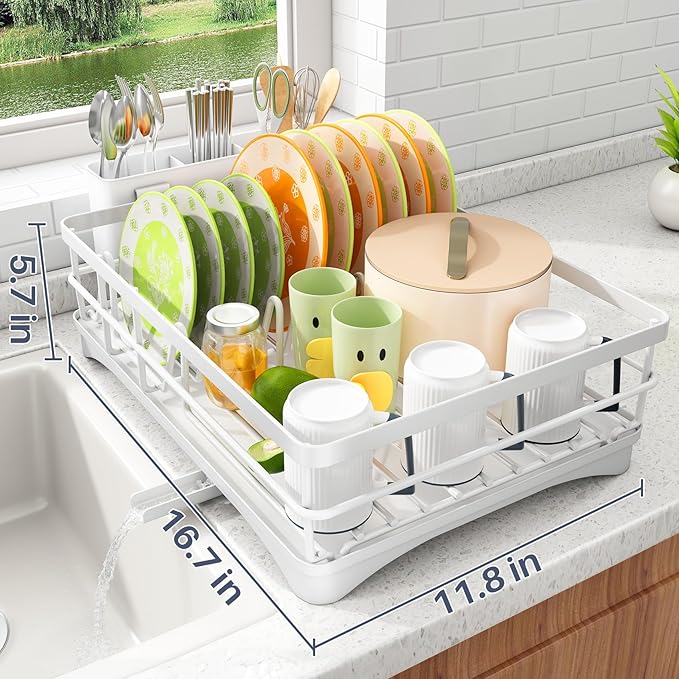 SAYZH Dish Drying Rack - Stainless Steel Dish Rack for Kitchen Counter, Large-Capacity Dish Drainer with Cutlery Holder, Kitchen Organizer for Dishes, Spoons and Forks, White